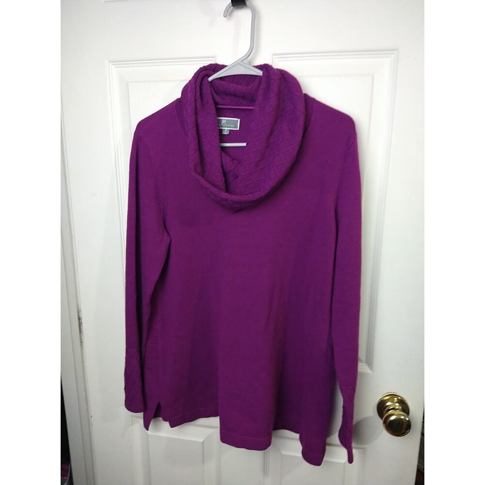 JM Woman M Sweater Purple Pullover Cable Knit Cowl Sleeve Accent Side Slits